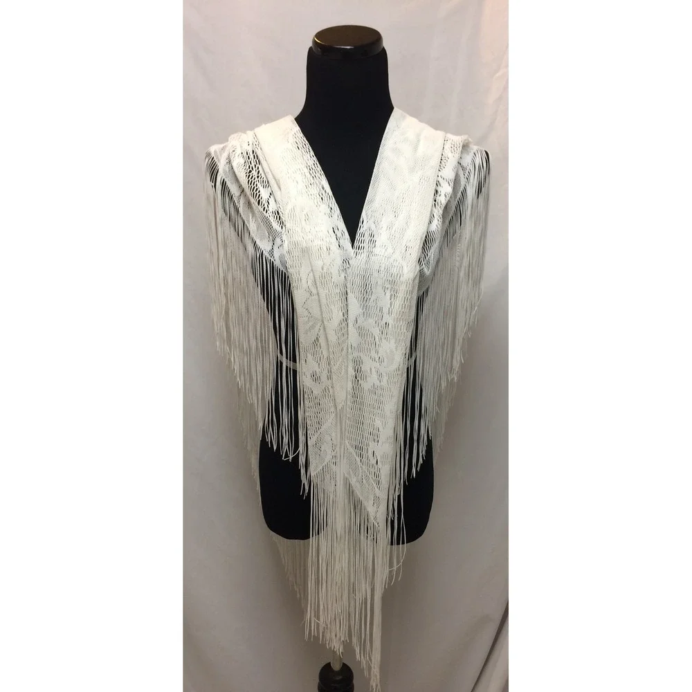 VTG Elvin White Lace Triangle Shawl Fringe Floral Net Wrap Scarf Made in Japan